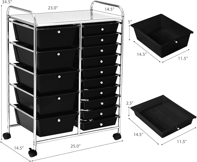 15 Drawer Rolling Storage Cart, Rolling Cart with Drawers for Classroom, Art Supply Craft Organizer on Wheel with Metal Frame & Handles for Home Office School
