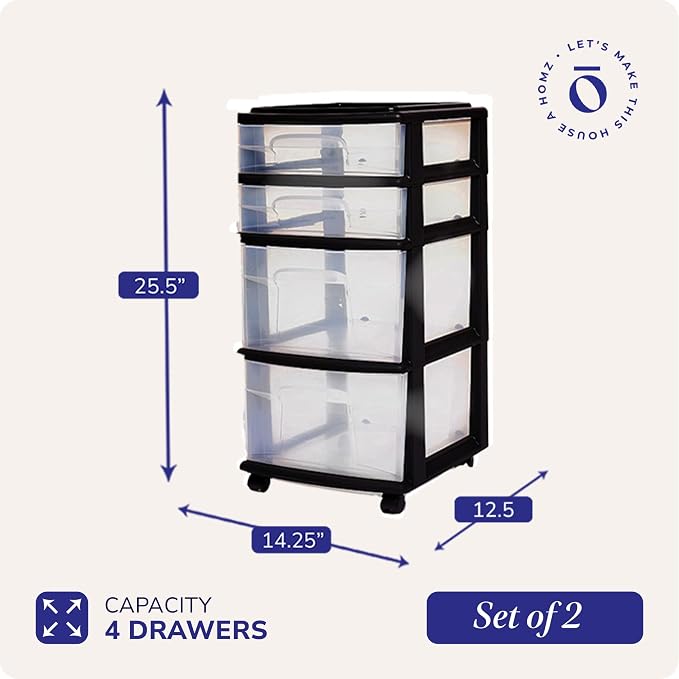 HOMZ Drawer Tower, 4-Tier Cart w/Removable Wheels, Black Frame, 2-Pack | Clear Plastic Rolling Drawers for Home, Bathroom, Bedroom, Office & Classroom