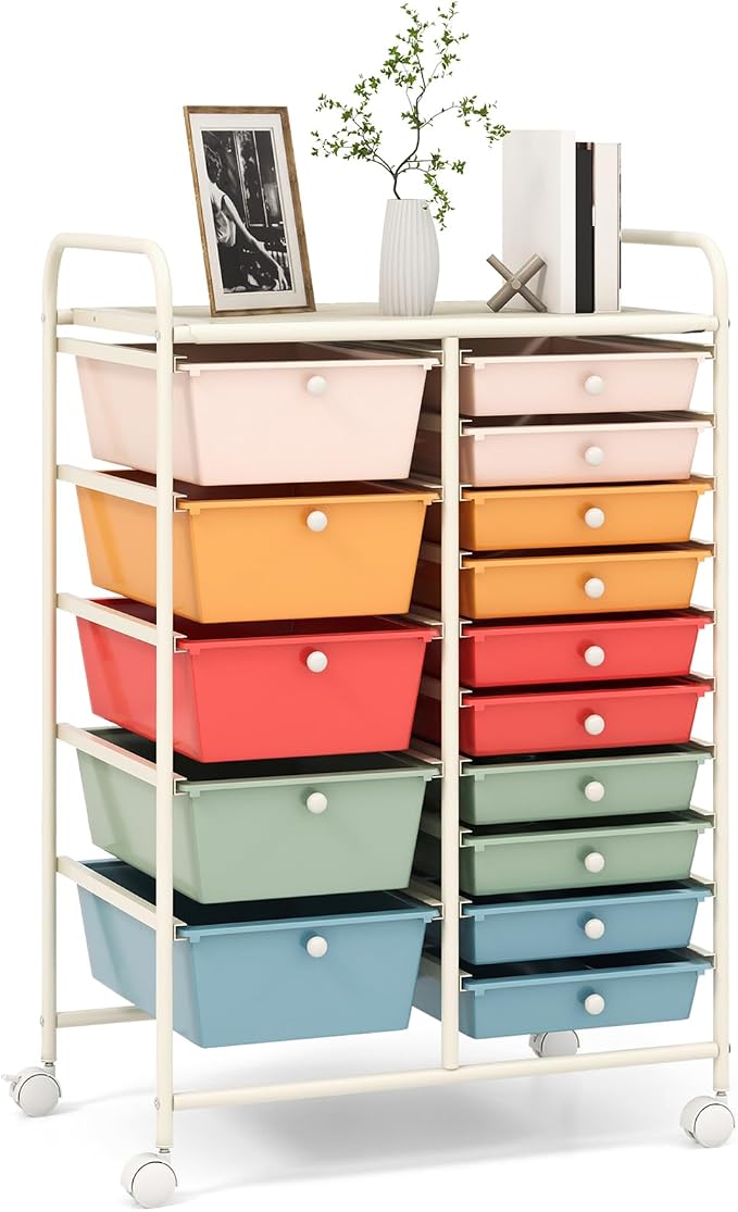 RELAX4LIFE 15-Drawer Storage Drawer Carts - Mobile Rolling Utility Cart w/Wheels, Craft Organizer for Classroom Organization and Storage, School, Office, Home, Storage Organizer Cart (Macaron)