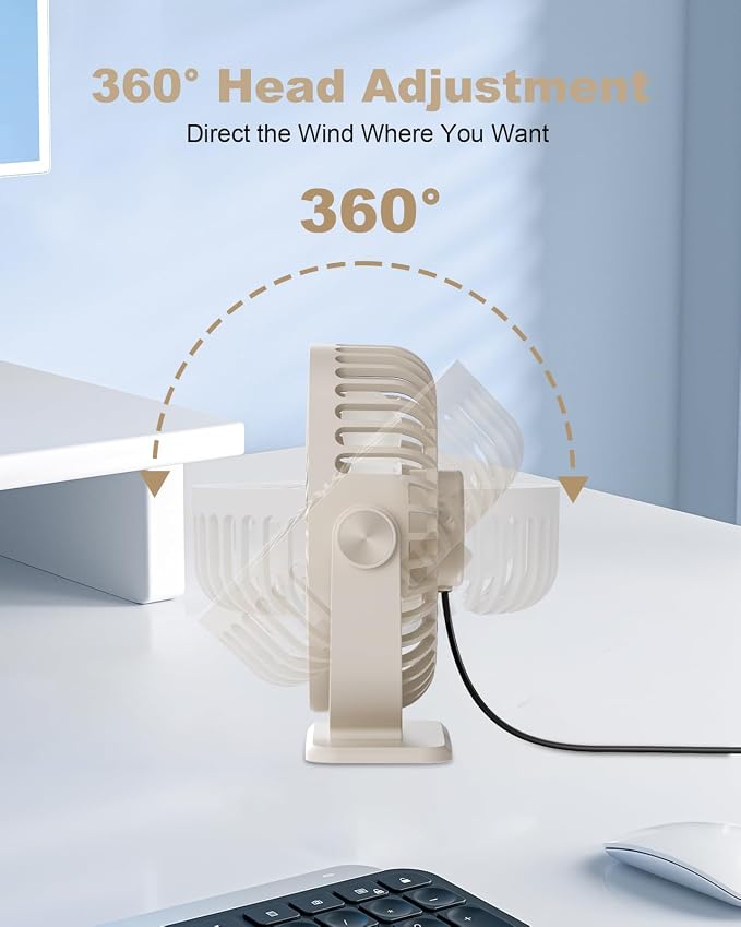 TriPole USB Desk Fan Small Portable, 360° Rotation Quiet Mini Personal Fan | Beige, 3 Speeds Plug In USB Fan, Desk Fans Small Quiet, 4.9ft Cable, Strong Breeze for Desktop Bedroom Office Table Travel