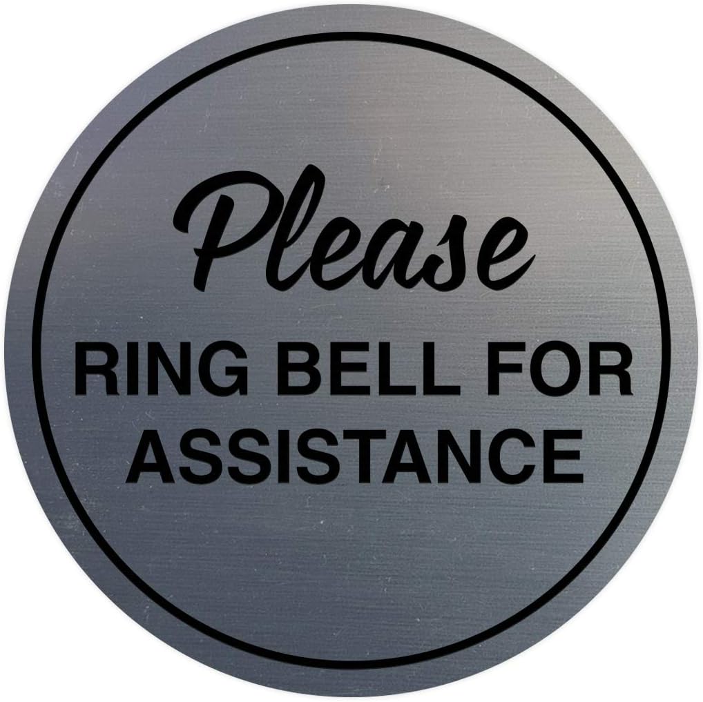 Signs ByLITA Circle Please Ring Bell For Assistance Wall or Door Sign | Easy Installation | Front Desk Reception Sign (Brushed Silver) - Small (2 Pack)