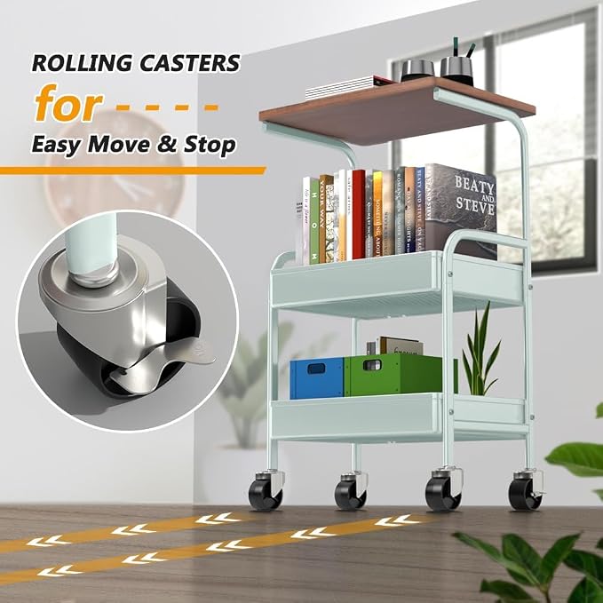 Rolling Cart with Wooden Tabletop, 3 Tier Metal Utility Cart, Rolling Storage Organizer Cart with Lockable Wheels for Kitchen, Office, Bedroom (Green)