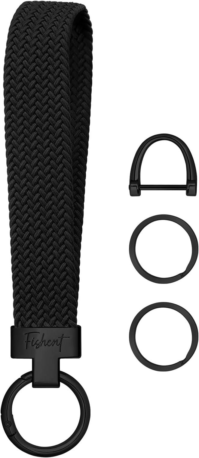 Fishent Stretchy Wristlet Keychain, Cute Key Chain, Woven Wrist Lanyard for Car Keys with 3 Keyrings and D-ring for Women Men