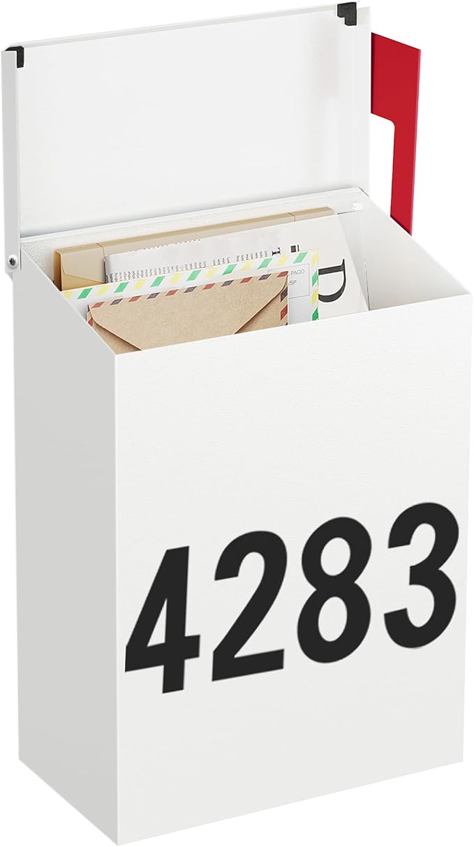 LAND·VOI Wall-Mount Mailbox with One Flag Kit and Three Sets of 0-9 Mailbox Number Stickers, Mailboxes for Outside, Galvanized Steel Rust-Proof Metal Post Box, 7.1"x3.9"x10.24", Textured White AMB05W