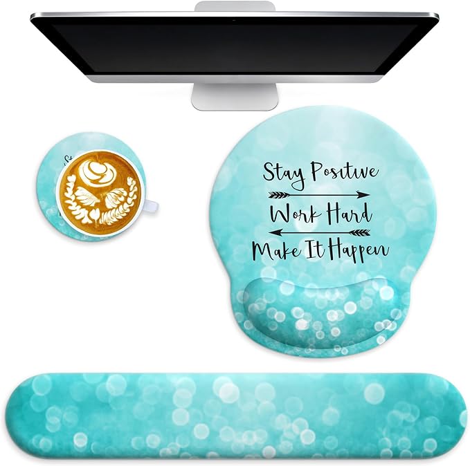 3 in 1 Ergonomic Mouse Pad and Keyboard Wrist Rest with Coaster Set-Green | Cute Large Mousepad with Gel Wrist Support for Gaming Computer Laptop Women Office Home Desk Decor