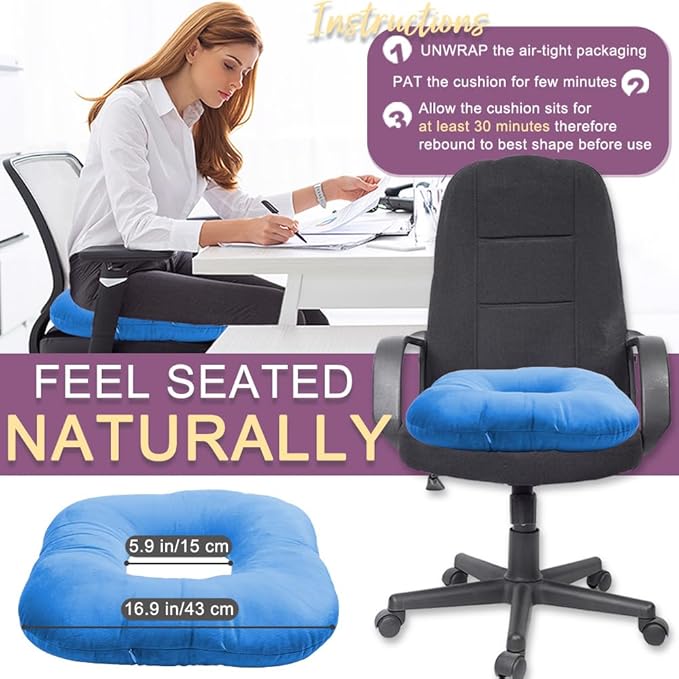 Stuffed Donut Pillow Seat Cushion | for Tailbone and Coccyx Pain, Hemorrhoids, Bed Sores, Pregnancy, Prostate, Surgery Recovery, Sitting Pressure Relief, for Home, Office and Car (Blue)