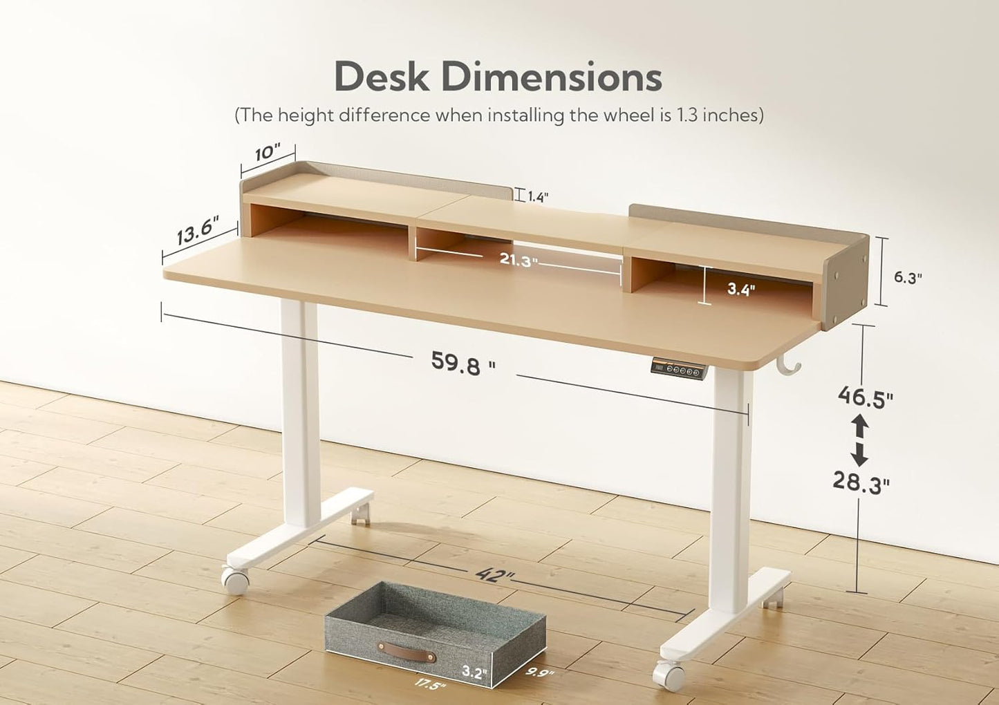 YDN Standing Desk with Drawers, 59 Inch Standing Desk Adjustable Height, Adjustable Electric Stand Up with Storage and Shelf, Natural