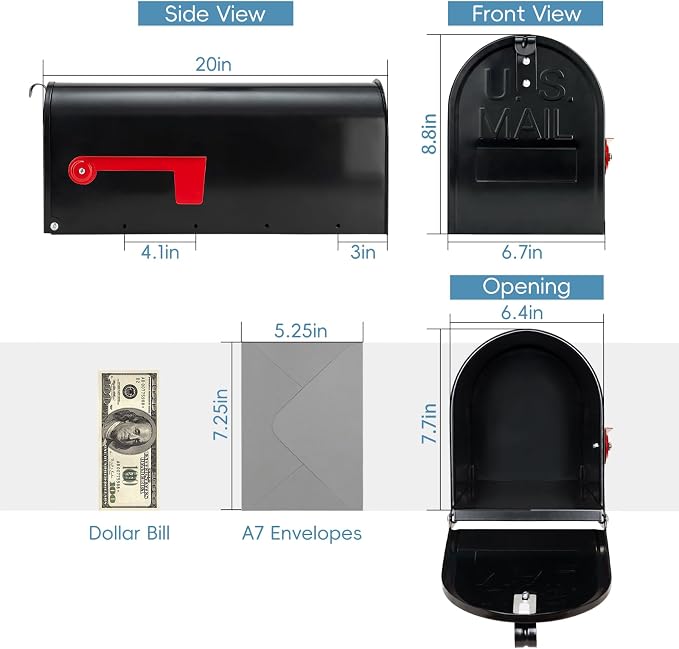 BlissBoard Black Metal Mailbox, Galvanized Steel Outside Mailboxes, Standard Medium Capacity, 20 x 8.7 x 6.7 Inches