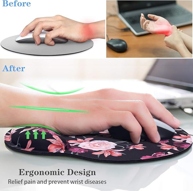 WAVEYU Mouse Pad with Wrist Support, Cute Designed Mouse Mat, Non-Slip Rubber Base Mousepad for Laptop, Computer, Black Flower