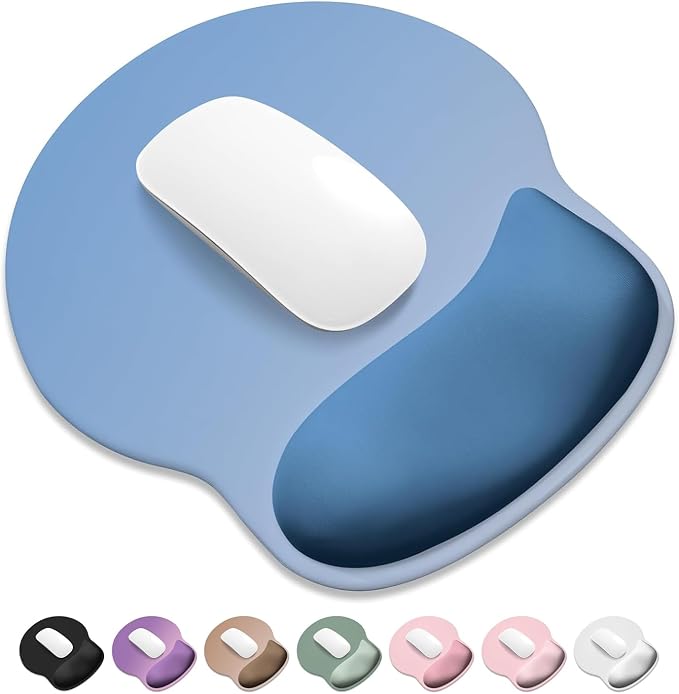 ITNRSIIET Ergonomic Mouse Pad with Wider Memory Foam Wrist Rest +17%, Curved Cushion Reduces Pressure 20%, Pain Relief, Non-Slip, Smooth, Cute Color Desk Accessory, 9.85 x 9 inch, Gradient Blue Ombre