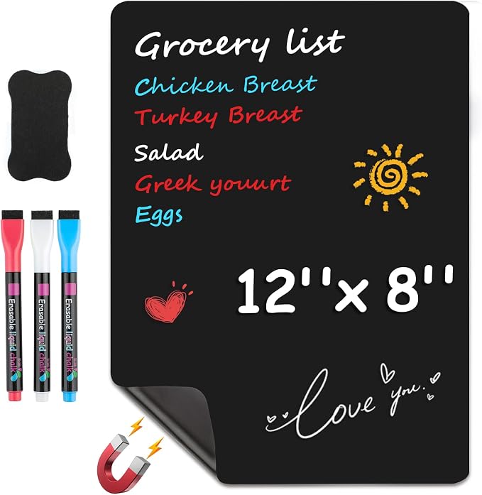 MaxGear Magnetic Black Dry Erase Board, 12 x 8 Inch, Chalk Markers Included | Strong Magnetic Surface, Easy to Write and Erase,Ideal for To-do Lists,Includes 3 Chalk Markers 1 Eraser