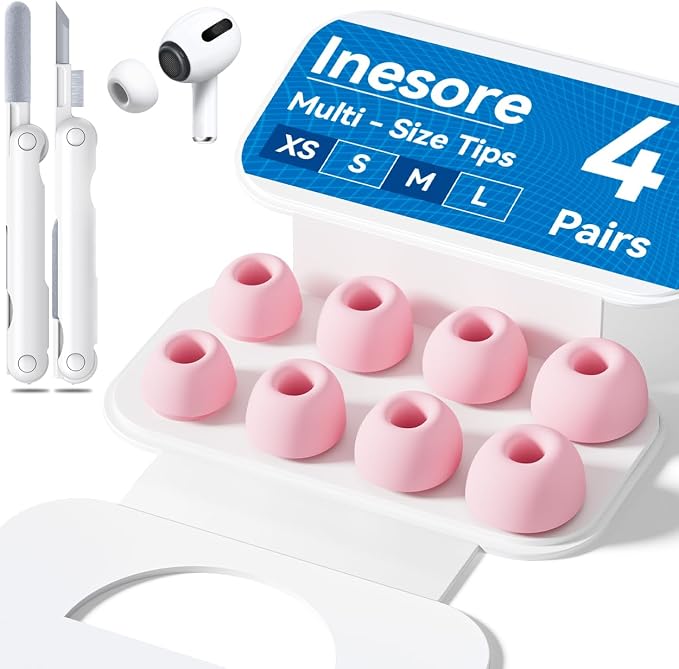 Inesore 4 Pairs Replacement Ear Tips for AirPods Pro 2nd/1st (Pink) | with Noise Reduction Hole & Built-in dust Guard Screen,Silicone,with Portable Storage Box & Cleaner Pen,4 Size (XS/S/M/L)