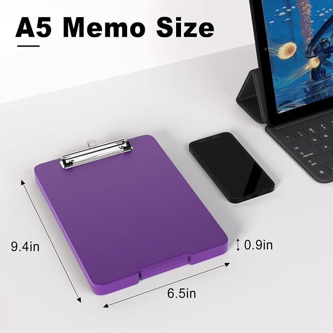 Hongri A5 Clipboard with Storage, Metal Retractable Pen Holder, Dark Purple | 6 x 9'' Nursing Plastic Foldable Clip Board, Size 9.4 x 6.1 x 0.9 in, Menu Box for Work, Office & School Supplies