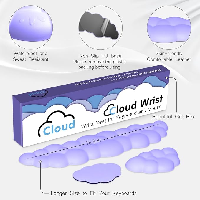 4 in 1 Ergonomic Leather Cloud Wrist Rest Keyboard and Mouse Pad & Coaster | Full 4-Piece Set, Non-Slip PU Base, Soft Memory Foam Comfort For Long Work/Gaming Hours, Cute Desk Decor, Easy To Clean