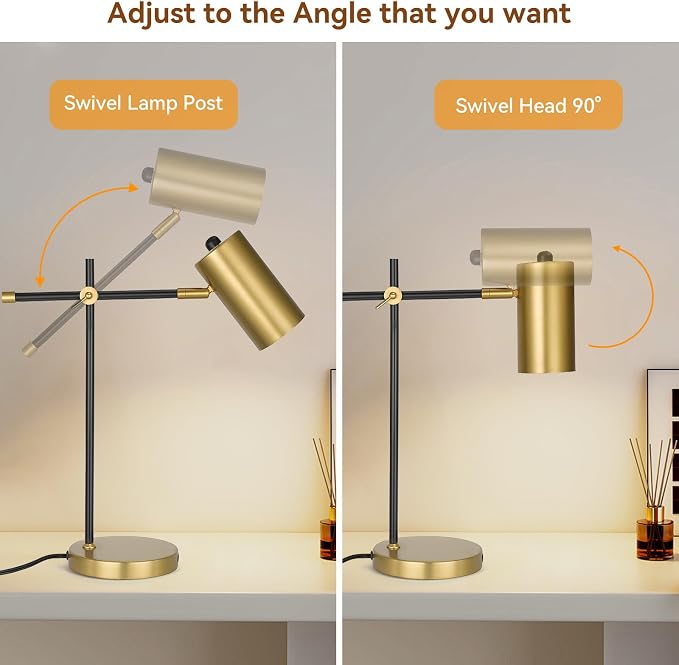 Modern Black and Gold Desk Lamp with Type C Charging Port, Minimalist Industrial Table Lamp with Swing Arm, for Study Room Home Office Bedroom Bedside Nightstand