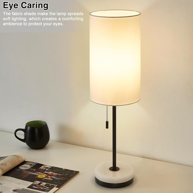Luvkczc 18" Minimalist Table Lamp Set of 2, Nightstand Lamp for Bedroom Living Room, Modern Pull Chain Bedside Lamp with Marble Base, Fabric Shade, Small Desk Lamp for Home, Office, Reading