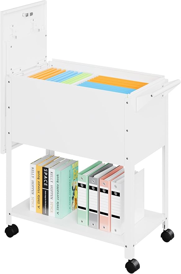 Rolling File Cart with Wheels Hanging Files,Rolling File Cabinet Organizer,Rolling Hanging File Folder Cart on Wheels,Metal Filing Cart,Fit A4/F4/Letter/Legal File for Home Office (White)