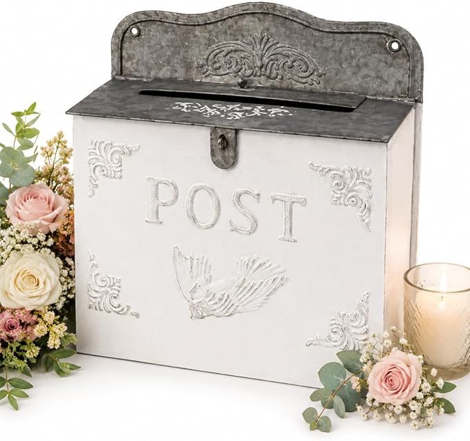 Vintage Style Wedding Card Box – Nostalgic Farmhouse Keepsake Holder for Cards, Wishes & Treasured Moments (White Horizontal)