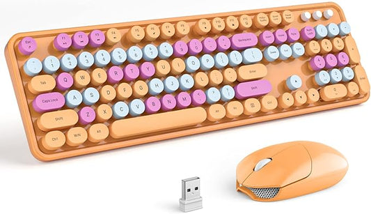 MOFII Wireless Keyboard and Mouse Combo, Orange Retro Keyboard with Round Keycaps, 2.4GHz Dropout-Free Connection, Cute Wireless Mouse for PC/Laptop/Mac/Windows XP/7/8/10 (Orange-Colorful)