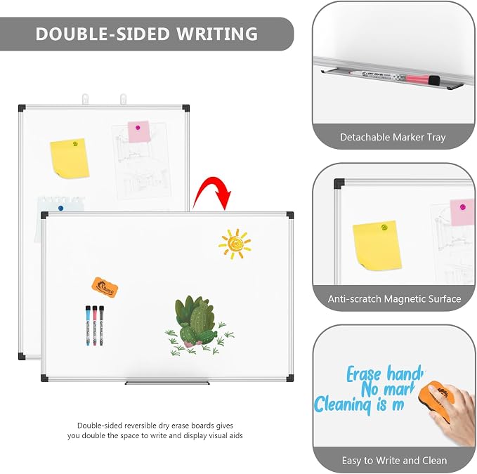 XBoard Magnetic Dry Erase Whiteboard 24 x 18 Inches | Double Sided White Board for Wall, Silver Aluminum Frame Presentation Board for Home Office School