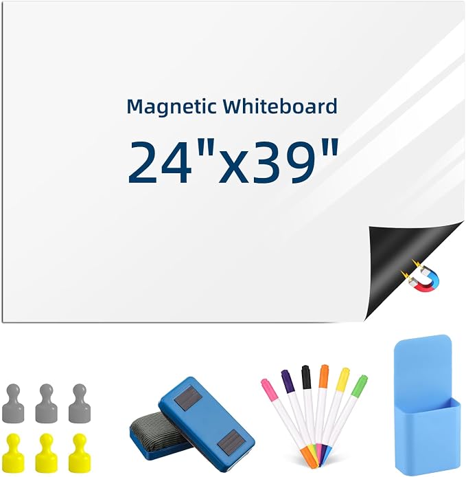 Magnetic Dry Erase Whiteboard 24"x39" for Fridge | Dry erase white board for fridge set with markers, eraser & magnets. Magnetic sheet sticks to fridge whiteboard