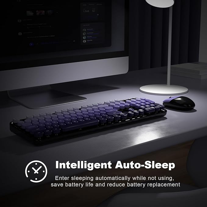 MOFII Wireless Keyboard and Mouse Combo, Full Size 2.4G Plug and Play Typewriter Retro Round Computer Keyboard and Mouse Set for Windows, Computer, Desktop, PC, Notebook - (Black Purple Gradient)