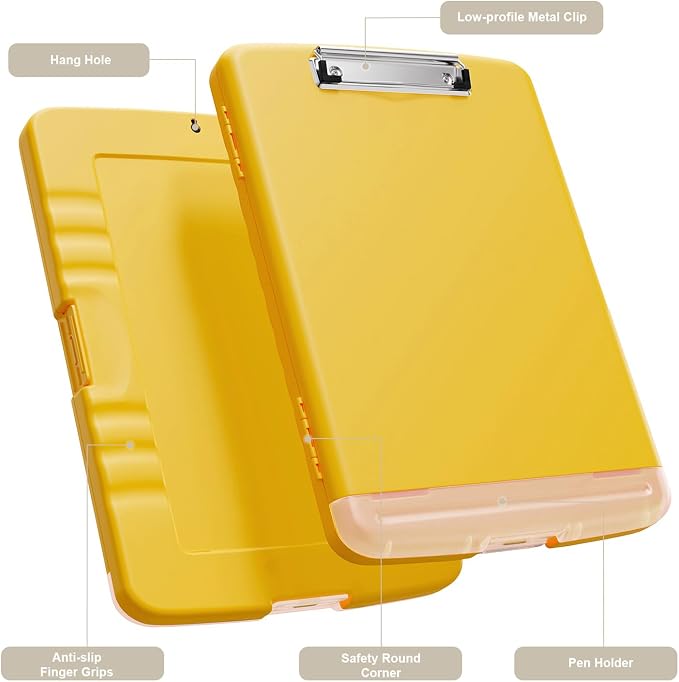 Piasoenc Clipboard with Storage, 8.5 x 11 Clip Board with Pen Holder,Yellow | High Capacity, Heavy Duty Plastic Organization Box for A4 Legal Paper Folder, Folio & Side-Opening Nurses, Teachers, Student