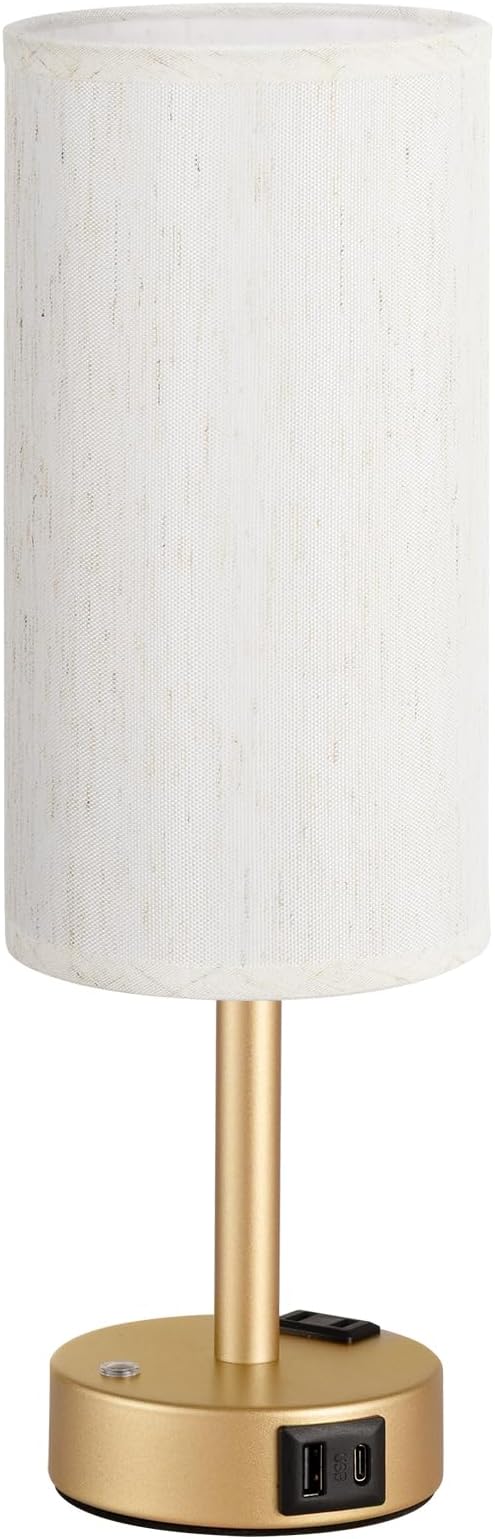Gold Touch Bedside Lamp for Bedroom, Stepless Dimmable, USB A+C, AC Outlet | Base Touch Button Only, Memory Brightness, Ultra-dim Night Light, Included Bulb for Optimal Dimming, Cream Fabric Shade, Desk