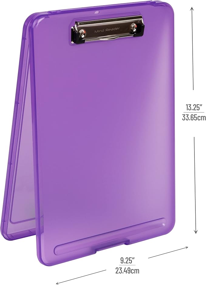 Mind Reader Clipboard with Storage, Teacher, Nursing Clipboard, Plastic, 9.25"L x 13.25"W x 1"H, Set of 6, Assorted Colors