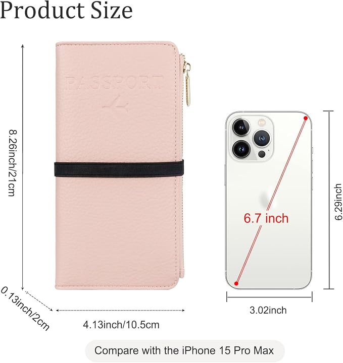 TIGARI Leather Passport Holder, RFID Blocking Wallet for Women, Zipper Pocket Card Slots, Waterproof Travel Accessories (Pink)