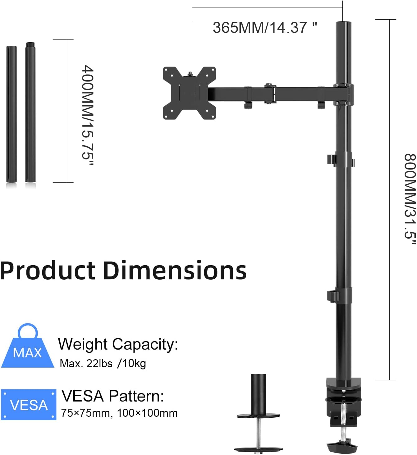 Suptek Single Monitor Arm Desk Mount Fully Adjustable Monitor Stand for 1 / One Screen up to 32 inch Extra Tall 31.5 inch Pole,Black (MD6821)