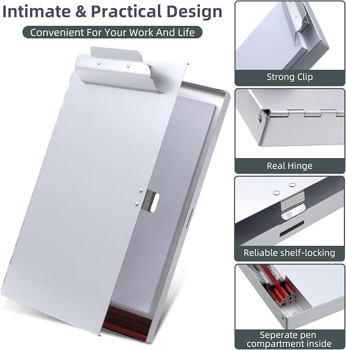 Sunnyclip Metal Clipboard with Storage,Letter Size Form Holder,Side Opening Portfolio Aluminum Metal Binder with High Capacity Clip Posse Box - Surface for Legal Size Paper, for Office Business