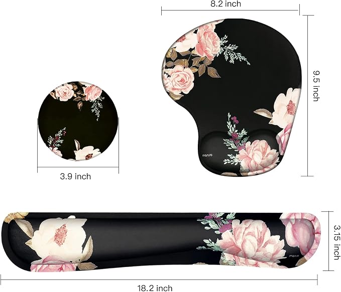 MOSISO Curved Wrist Rest Support for Mouse Pad&Keyboard Set, Black | Peony Ergonomic Mousepad Non-Slip Base Home/Office Pain Relief&Easy Typing Cushion with Neoprene Cloth&Raised Memory Foam
