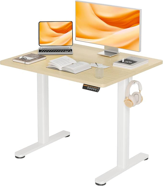 Claiks Electric Height Adjustable Stand Up Desk, 35x20 Inches Sit Stand Desk for Home Office, Nature Top/White Frame