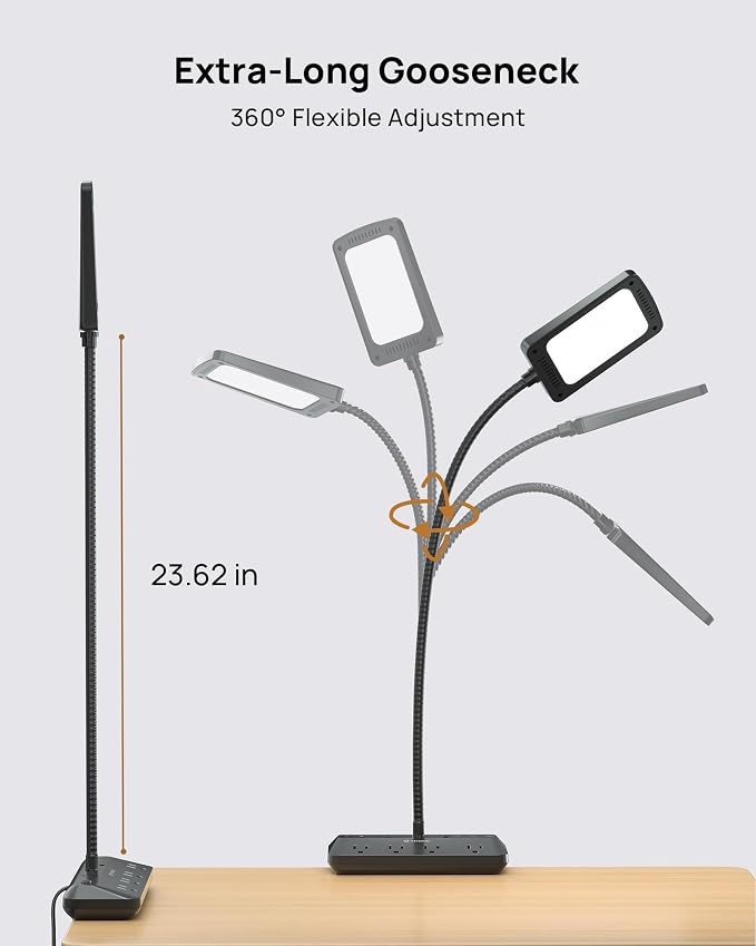 TROND LED Desk Lamp with Clamp Power Strip, 6ft Flat Plug Extension Cord | Eye Caring Desk Light with 4 Surge Protector Outlet, 15 Lighting Mode, Gooseneck for Home Office College Dorm Room Essentials