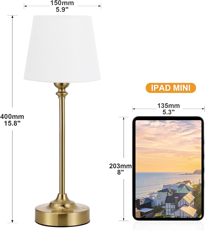 Gold Cordless Table Lamp with Rechargeable Battery, 1 Pack | Touch Stepless Dimming with Memory, 4000mAh Capacity, 3000K Warm Light, for Bedroom, Dining Table, Counter, Living Room