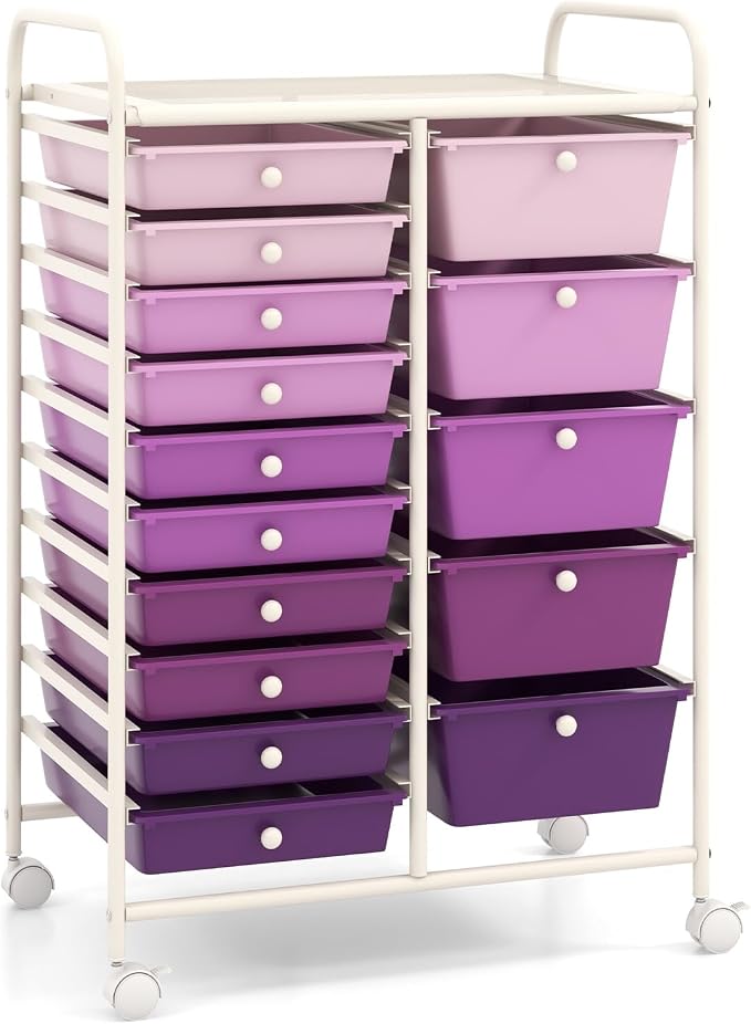 15 Drawer Rolling Storage Cart, Rolling Cart with Drawers for Classroom, Art Supply Craft Organizer on Wheel with Metal Frame & Handles for Home Office School