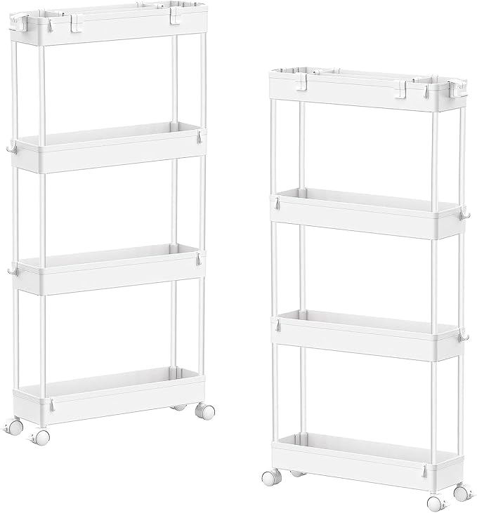 2-piece Set Slim Storage Cart 3 Tier,Bathroom Organizer Rolling Utility,Mobile Shelving Unit Slide Out for Office, Kitchen, Laundry Room & Narrow Places