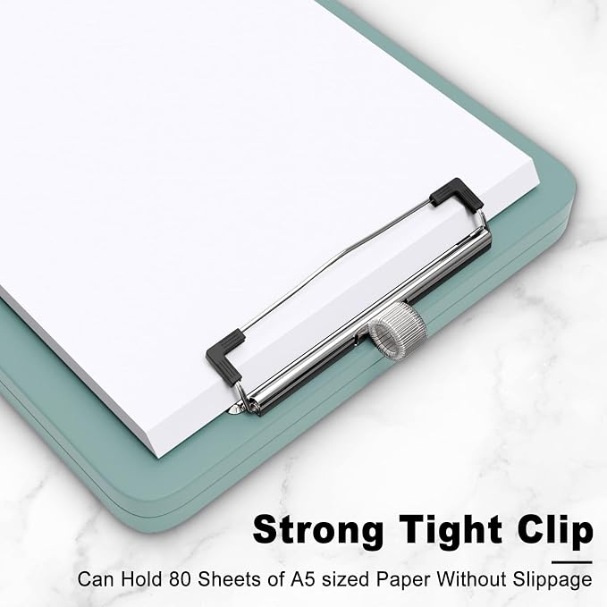 Hongri A5 Clipboard with Storage, Metal Retractable Pen Holder, Dark Green | 6 x 9'' Nursing Plastic Foldable Clip Board, Size 9.4 x 6.1 x 0.9 in, Menu Box for Work, Office & School Supplies