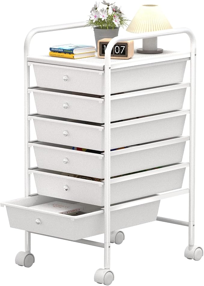 6 Tier Utility Rolling Cart with 6 Drawers Multipurpose Rolling Storage Cart with Wheels and Handles for Office Classroom Kitchen Bathroom Bedroom Organization White