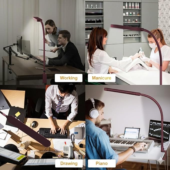 LED Desk Lamp - Desk Light for Home Office - Flexible Gooseneck - 5 Color Modes X 11 Brightness Levels - 1300LM - Timmer & Memory Function - 12W Clip on Light - Red