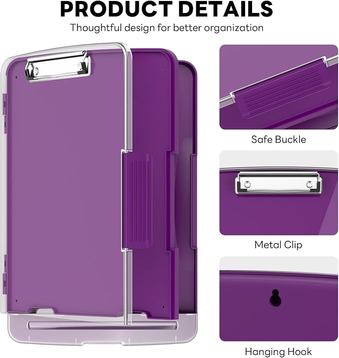 Clipboard with Storage and Pen Holder, Deep Purple 8.5 x 11'' Folder Side Open, Heavy Duty with Dual Compartment, Clear Dry Erase for Coach, Size 14.5 x 9.8 x 1.5'', Office & School Supply