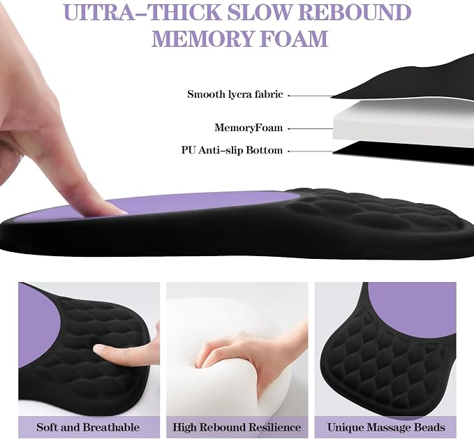 Ergonomic Mouse Pad with Wrist Rest Sloped Massage Design (Black + Purple) | Soft Comfortable Memory Foam Wrist Support for Pain Relief, Non-Slip PU Base, Office, Home, Gaming Mousepad for Desk