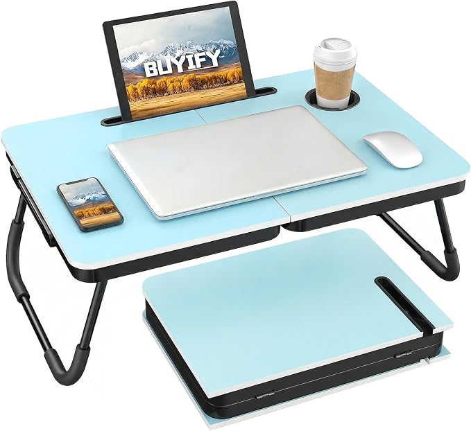 BUYIFY 23.4" Foldable Lap Desk Bed Table with Cup Holder Tray Blue | Portable Folds Flat for Easy Storage, No Assembly Laptop Bed Desk, Sturdy and Lightweight, Patent Design