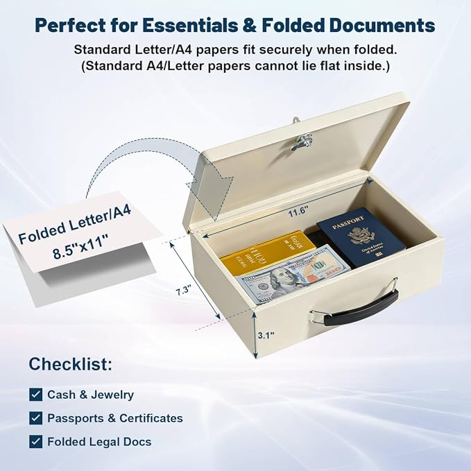 KYODOLED Fireproof Document Box with Key Lock, Small Safe Box for Valuables, Fire and Water Resistance, Fireproof Lock Box for Passport, Cash, Tablet, Exterior 12.6'' x 8.3'' x 3.58'' Beige