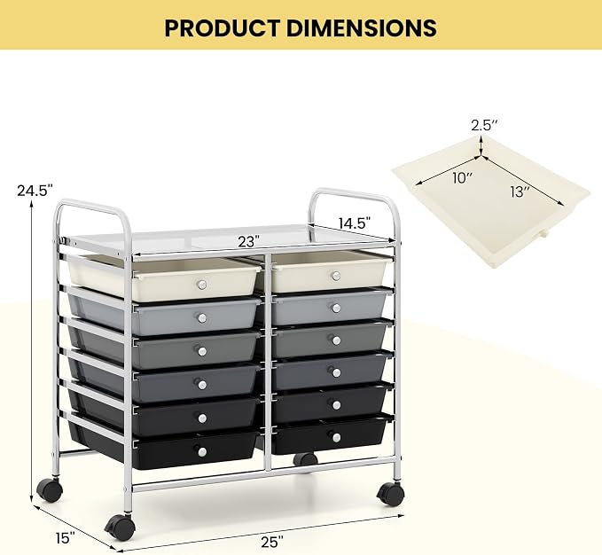 Giantex 12 Drawers Rolling Cart, Mobile Storage Drawer Cart, Classroom Organizer Cart for Office School Supplies Tools Scrapbook Paper Craft Small Printer, Utility Cart on Wheels, Black Gradient