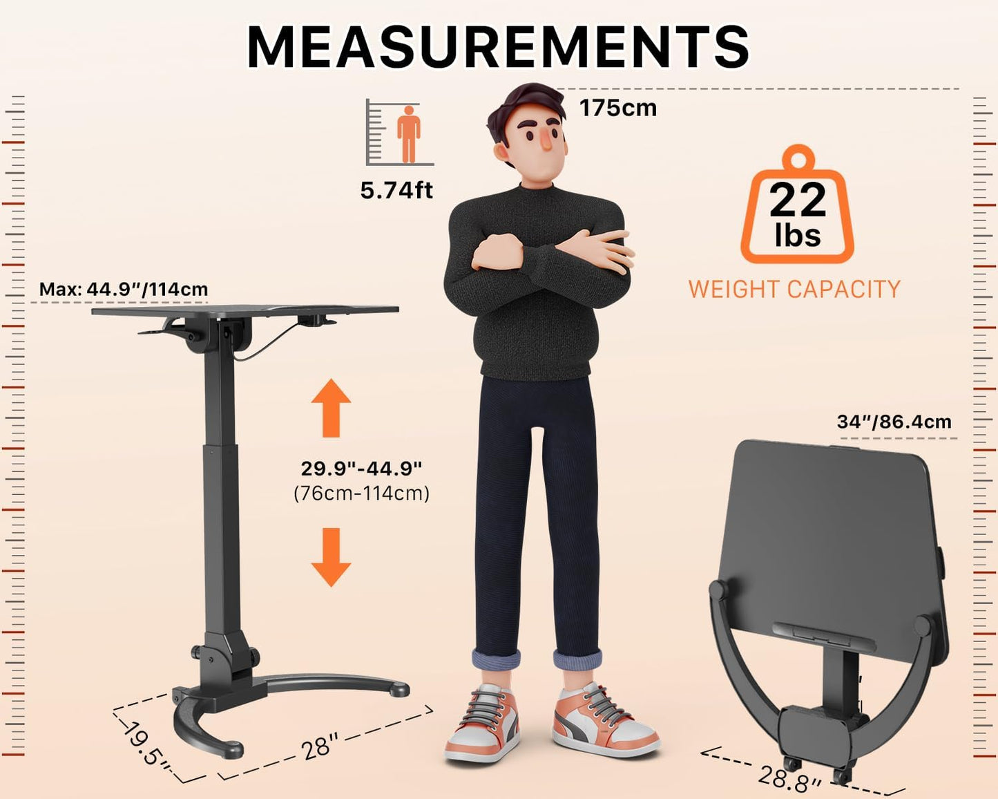 JOY worker Foldable Mobile Standing Desk, Height Adjustable Sit Stand Desk, 90° Tiltable Rolling Laptop Table, Portable Workstation with Non-Slip Mat for Home Office, Holds Up to 22lbs, Black
