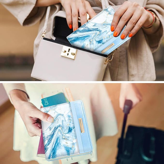 Coco Rossi Passport Holder for Travel Women Slim RFID Passport Cover Wallet | Travel Essentials, Passport Book Holders, Passport Wallet Cover Case, PU Leather, Cute, Thin, Spliced Design, Blue Marble