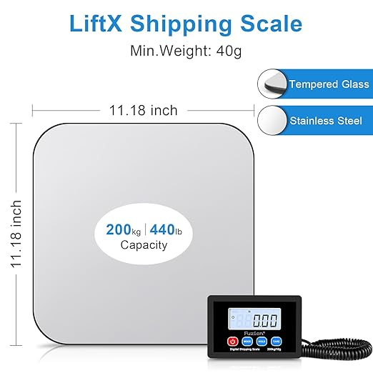 Fuzion Shipping Scale, 440LB x 10g Postal Scale - LiftX, Hold/Tare Function | High Accuracy, Easy Use, Digital Shipping Postal Scale for Packages, Luggage, Mailing, Postage, Battery & AC Adapter Included