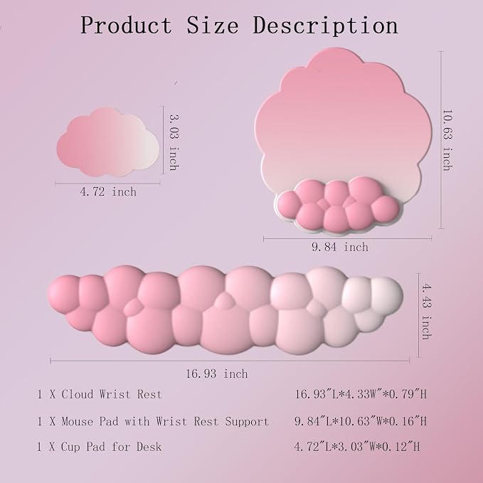 Cloud Wrist Rest Keyboard Pink Mouse Pad Set with Wrist Rest Ergonomic Wrist Pad Memory Foam Non-Slip Base Cute Gradient Wrist Support for Computer Laptop Gaming Home Office Relief Typing Pain